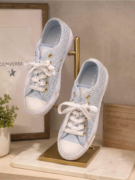 Converse Shoes - Converse Women's Light Blue Crochet Low Top Sneakers with Gold Eyelets - NWOT